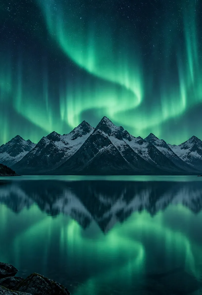 Emerald curtains of light reflected in a silent alpine lake. — Cover Display