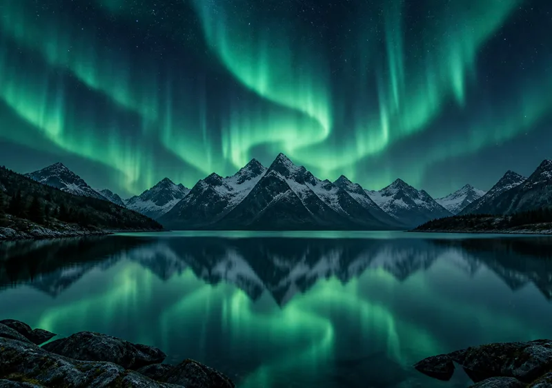 Emerald curtains of light reflected in a silent alpine lake. — Inner Display