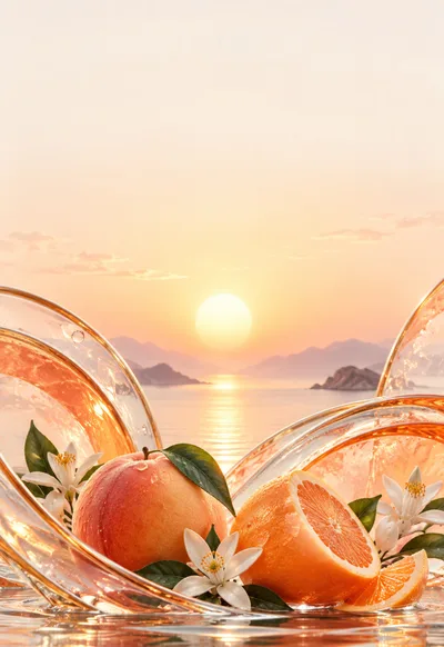 Citrus fruit and warm glass catch the first light over a quiet sea.