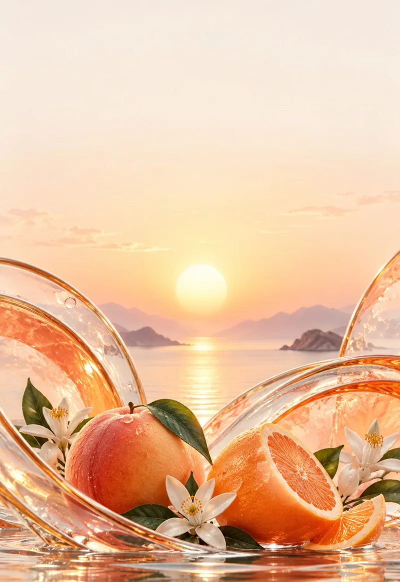 Citrus fruit and warm glass catch the first light over a quiet sea. — Cover Display