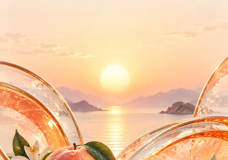 Citrus fruit and warm glass catch the first light over a quiet sea. — Inner Display