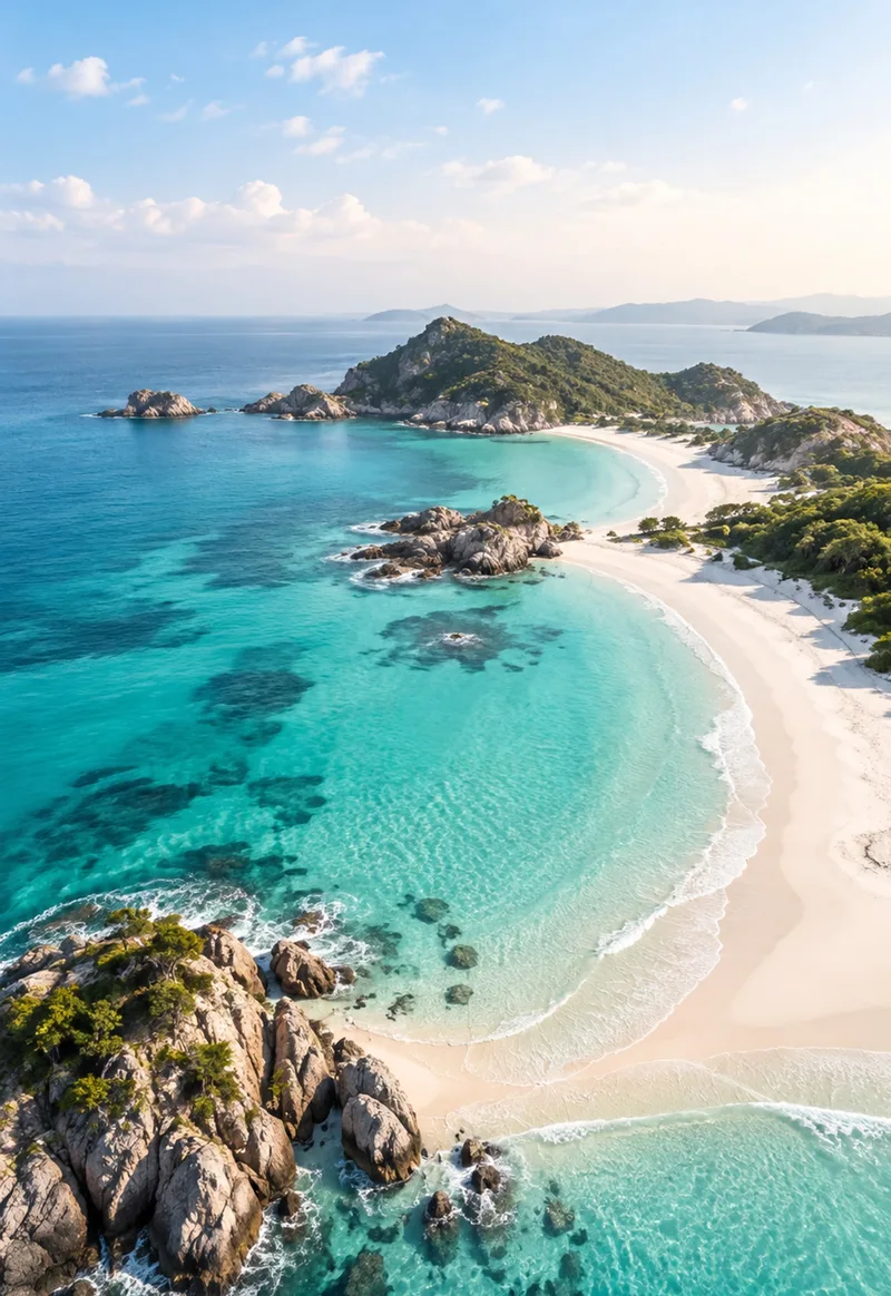Clear turquoise water curves around a sunlit sandy coast. — Cover Display