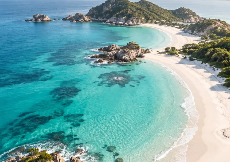 Clear turquoise water curves around a sunlit sandy coast. — Inner Display