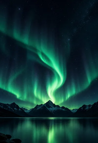 Emerald light rises above a dark mountain horizon.