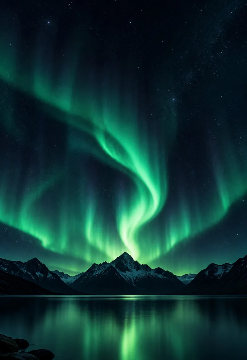 Emerald light rises above a dark mountain horizon. — Cover Display