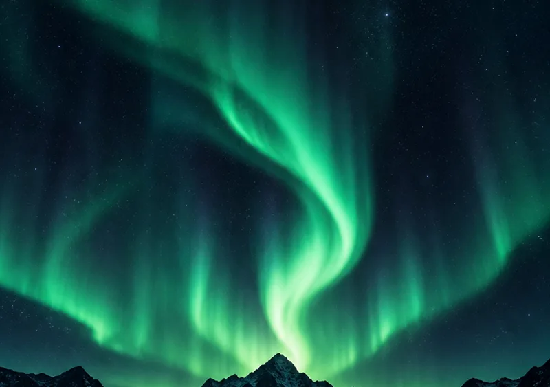 Emerald light rises above a dark mountain horizon. — Inner Display