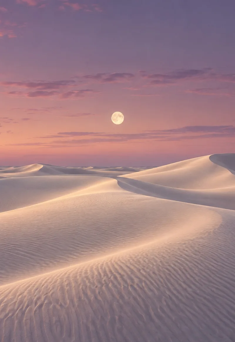 A small moon lights ivory dunes beneath a soft mauve dusk. — Cover Display