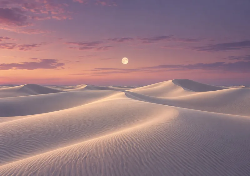 A small moon lights ivory dunes beneath a soft mauve dusk. — Inner Display