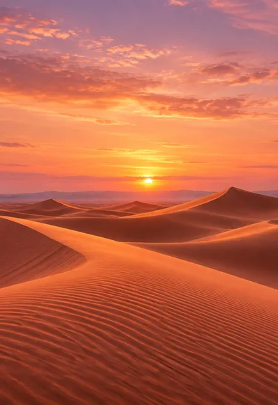 Terracotta dunes catch golden light beneath a peach and lavender sky.