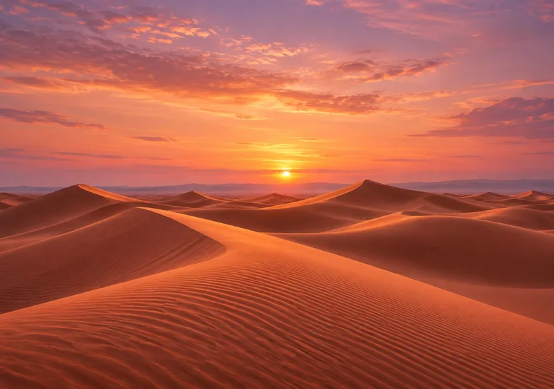 Terracotta dunes catch golden light beneath a peach and lavender sky. — Inner Display