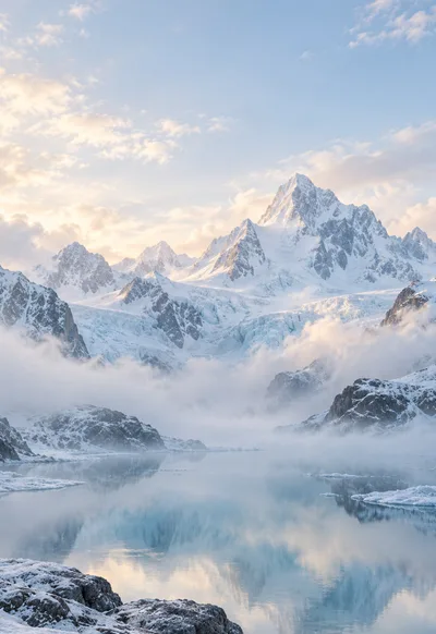 Pale glacier peaks and a still blue lake emerge through soft morning mist.