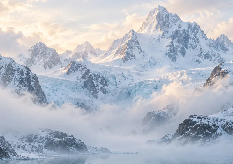 Pale glacier peaks and a still blue lake emerge through soft morning mist. — Inner Display