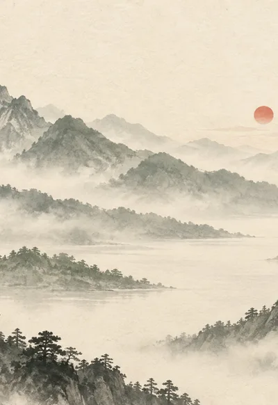 Soft ink mountains emerge from the mist on warm rice paper.