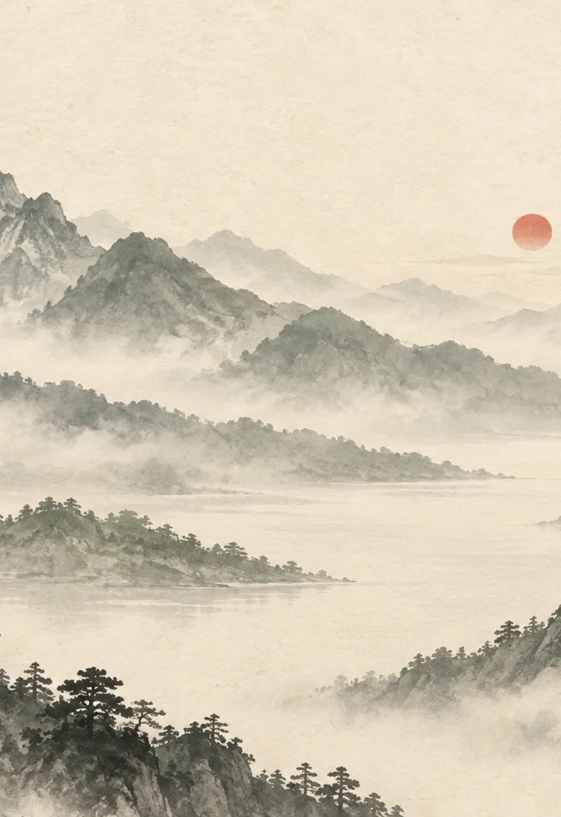 Soft ink mountains emerge from the mist on warm rice paper. — Cover Display