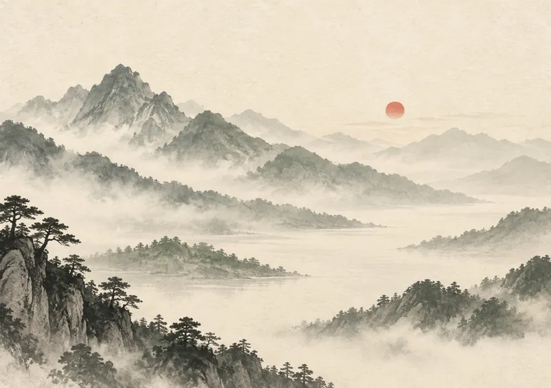 Soft ink mountains emerge from the mist on warm rice paper. — Inner Display