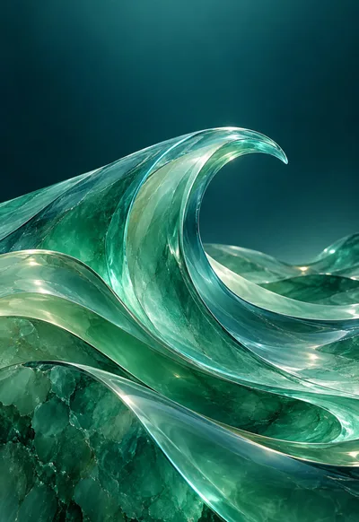 Translucent jade glass rises in a flowing wave above a quiet teal background.