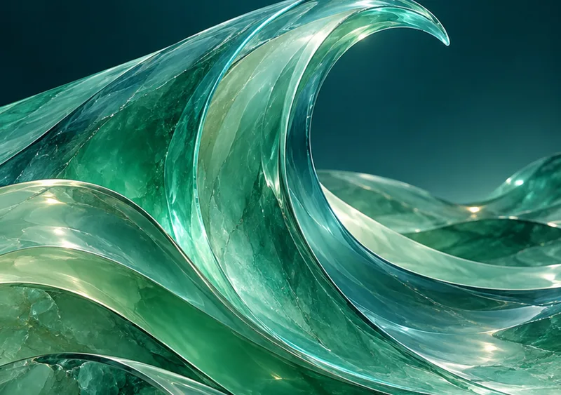 Translucent jade glass rises in a flowing wave above a quiet teal background. — Inner Display