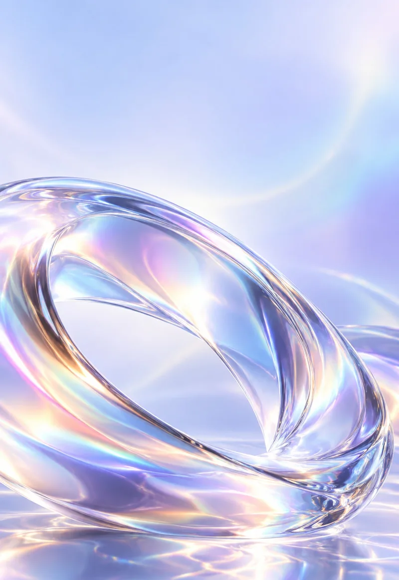 An iridescent glass loop floats through pale blue and lavender light. — Cover Display