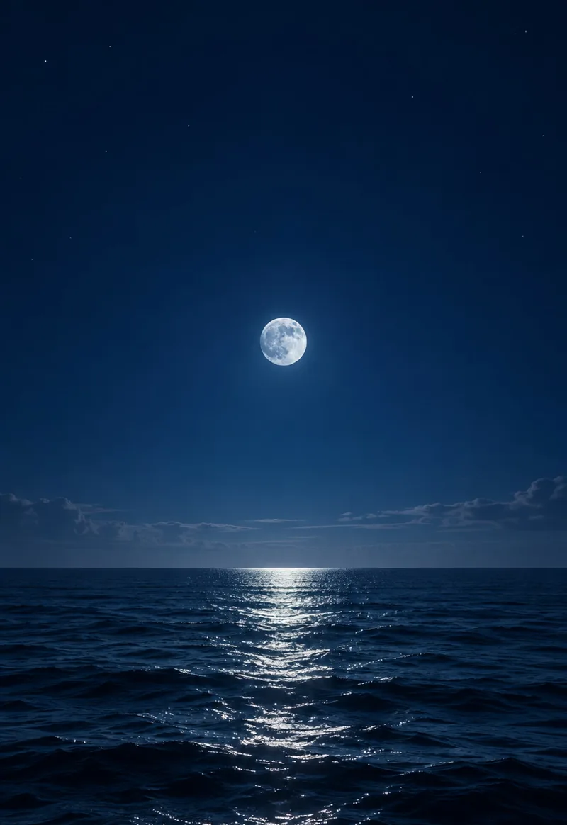 A small moon lights the open space above a midnight sea. — Cover Display