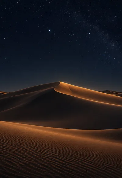 A bronze dune holds a fine amber edge beneath a quiet field of stars.