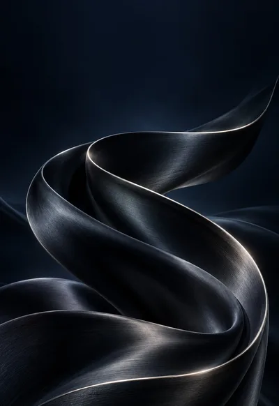 A dark satin ribbon curves through midnight blue with a fine silver rim.