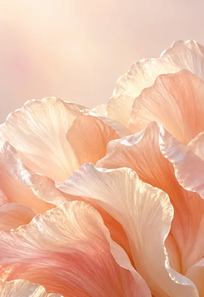 Peach and ivory petals overlap in soft morning light with pearly edges.
