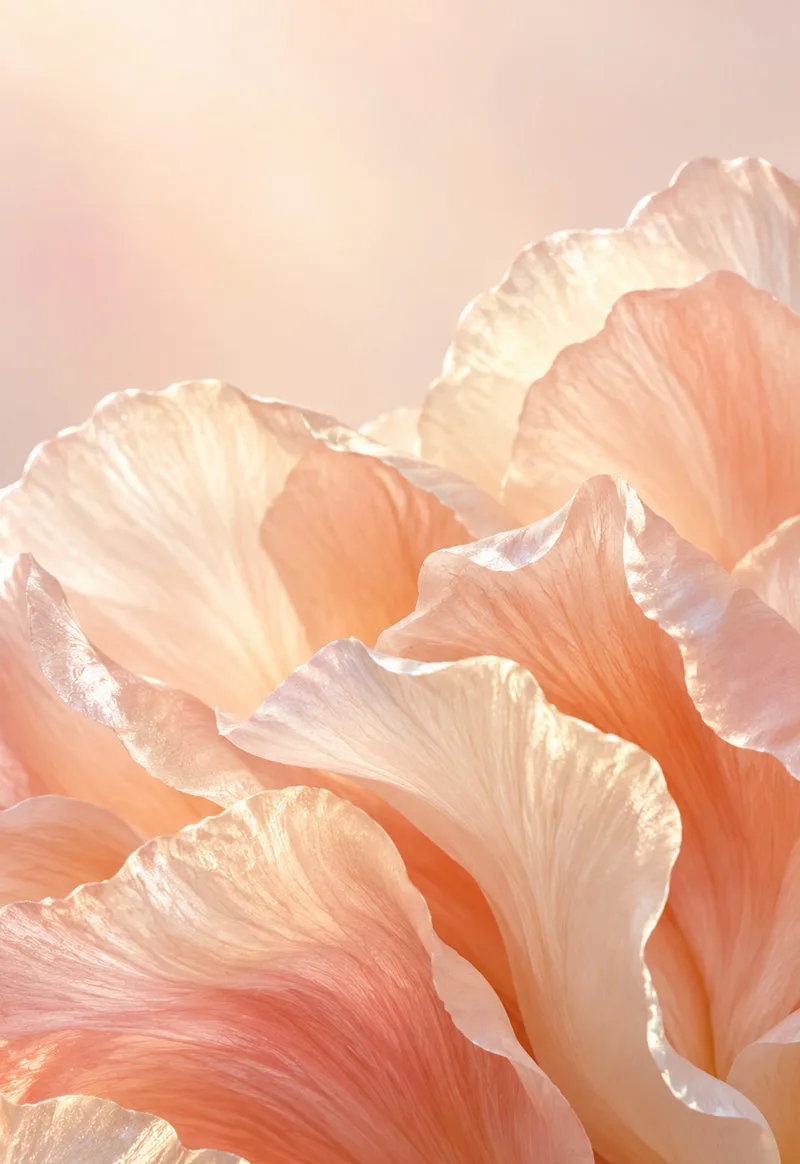 Peach and ivory petals overlap in soft morning light with pearly edges. — Cover Display