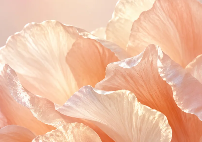 Peach and ivory petals overlap in soft morning light with pearly edges. — Inner Display
