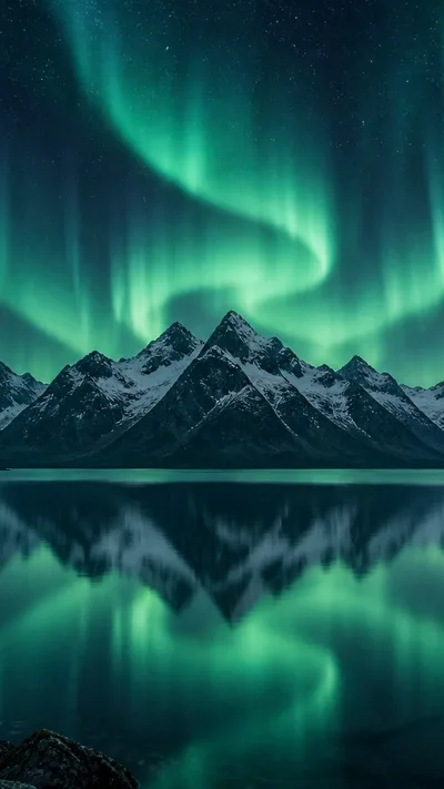 Emerald curtains of light reflected in a silent alpine lake.