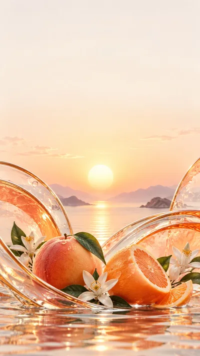 Citrus fruit and warm glass catch the first light over a quiet sea.