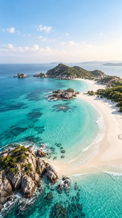 Clear turquoise water curves around a sunlit sandy coast.