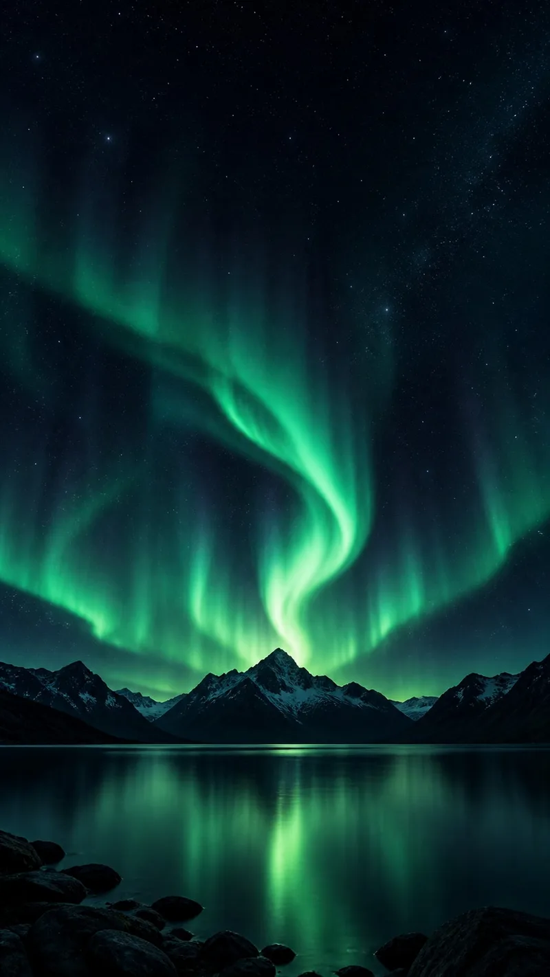 Emerald light rises above a dark mountain horizon. — iPhone 18 Pro