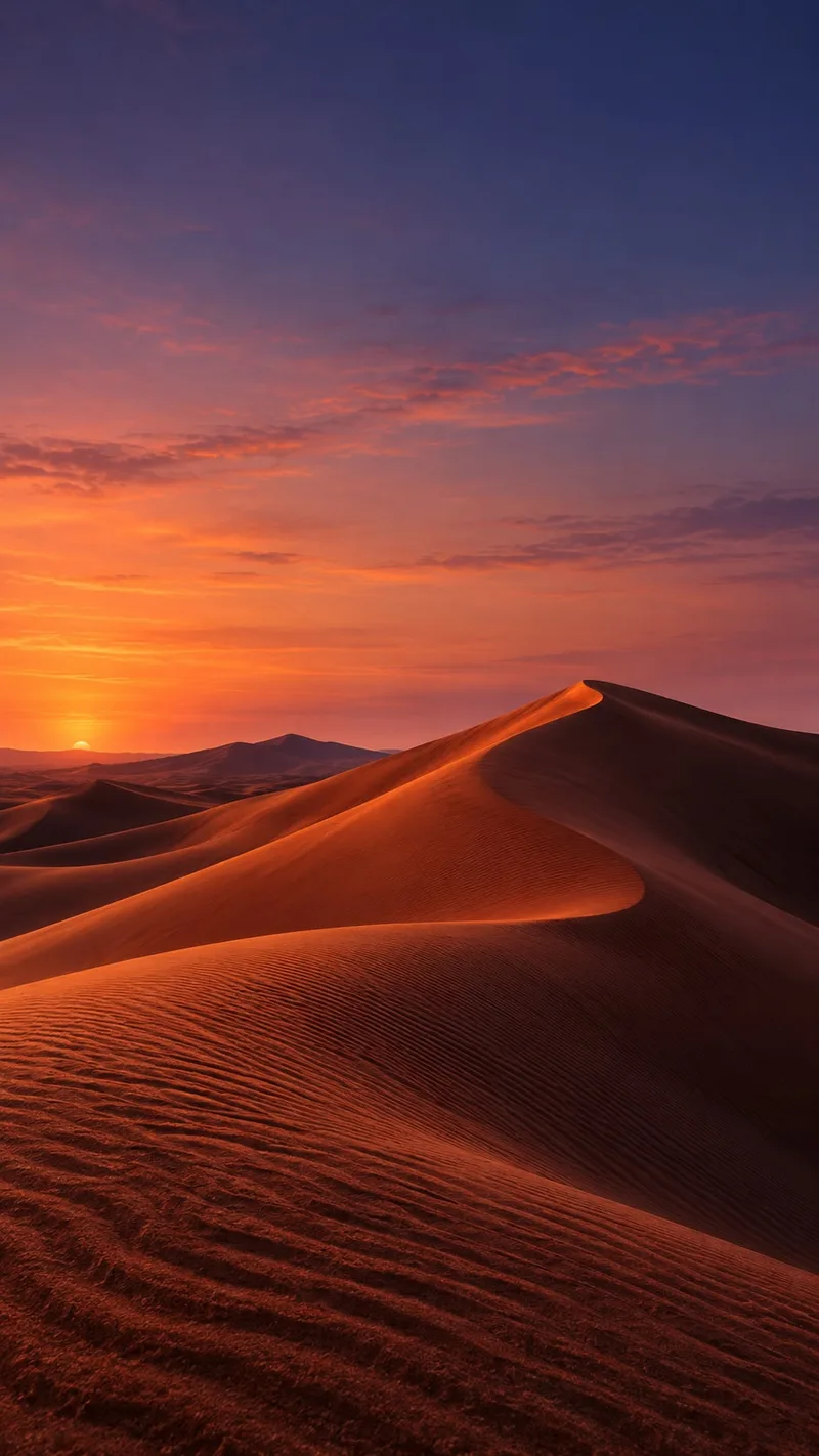 Terracotta dunes catch an amber rim beneath a rose and indigo dusk. — iPhone 18
