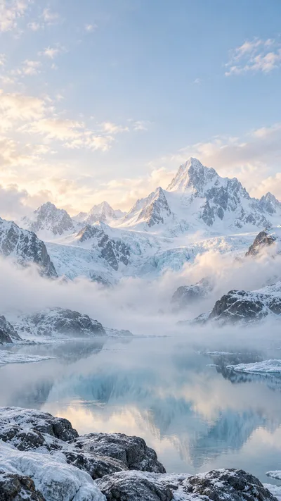 Pale glacier peaks and a still blue lake emerge through soft morning mist.