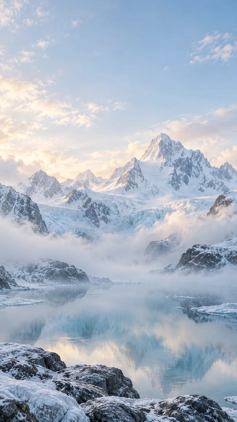 Pale glacier peaks and a still blue lake emerge through soft morning mist. — iOS 27