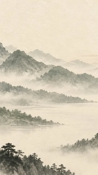 Soft ink mountains emerge from the mist on warm rice paper.