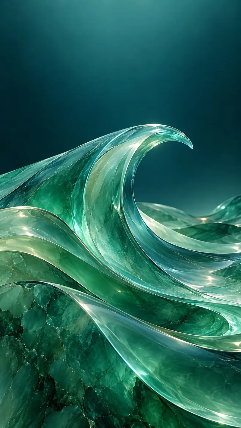 Translucent jade glass rises in a flowing wave above a quiet teal background. — iOS 27