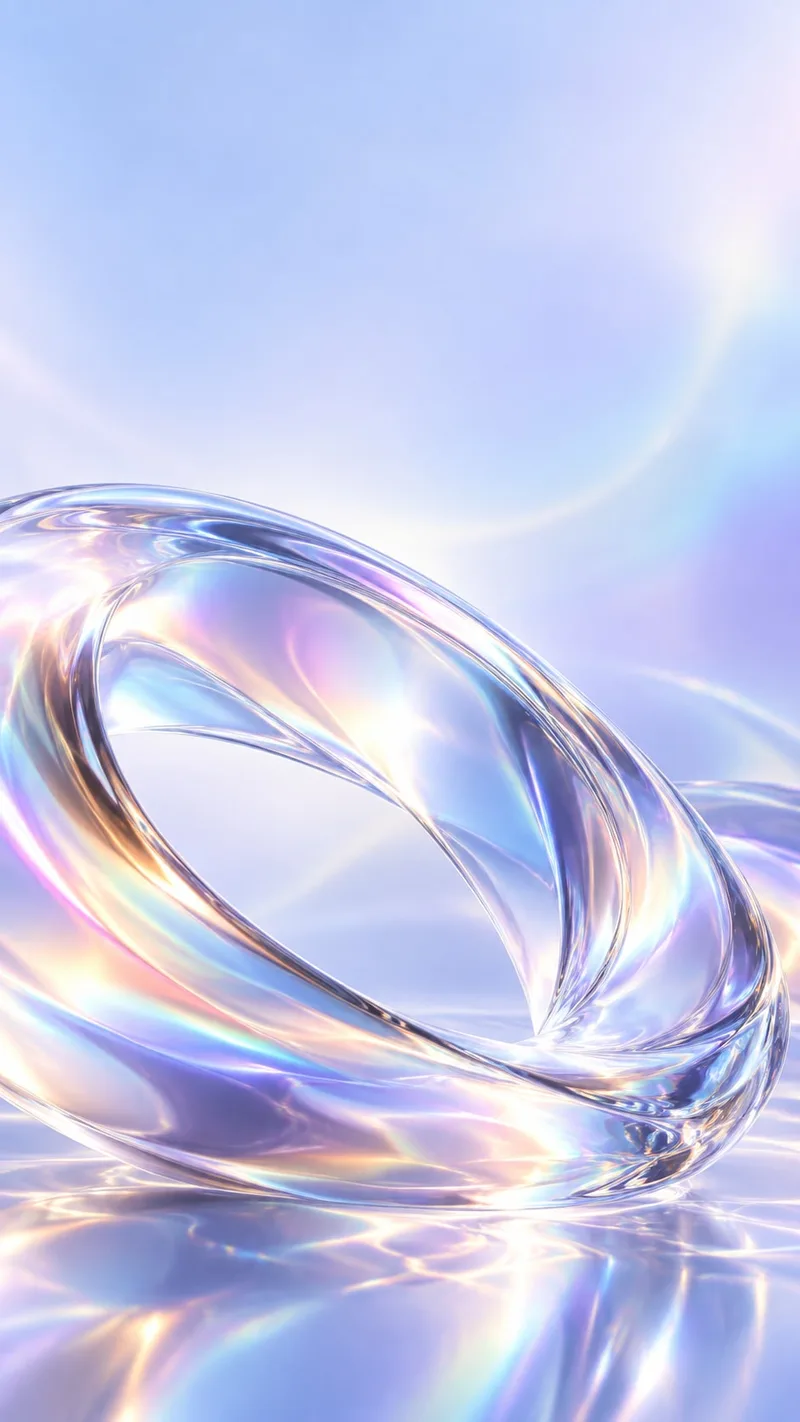 An iridescent glass loop floats through pale blue and lavender light. — iOS 27