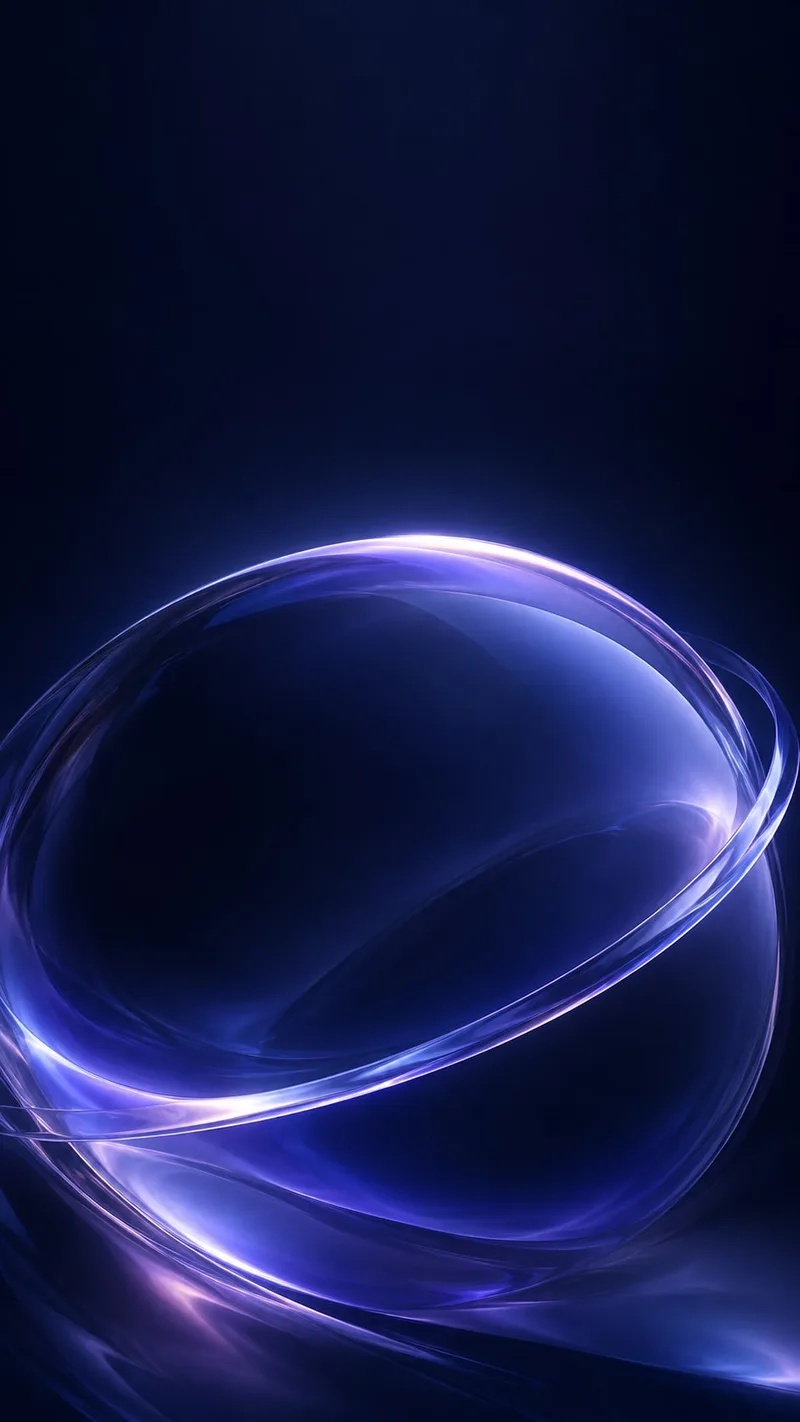 A violet glass orbit glows against a quiet navy background. — iOS 27