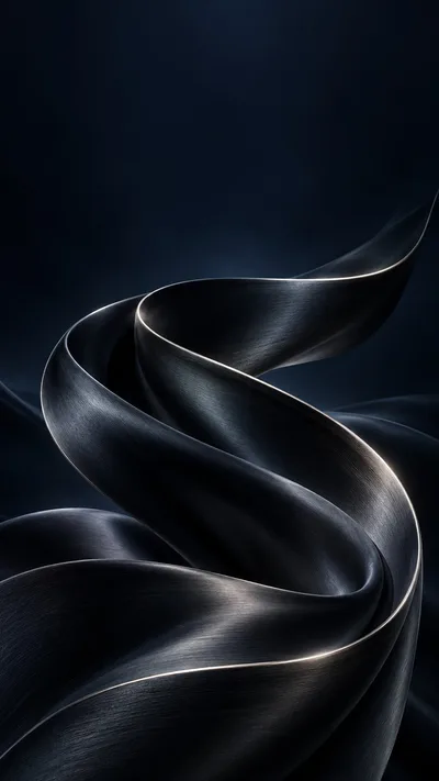 A dark satin ribbon curves through midnight blue with a fine silver rim.