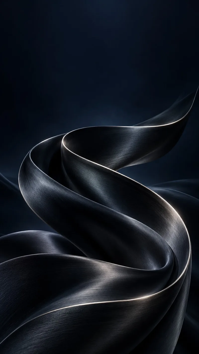 A dark satin ribbon curves through midnight blue with a fine silver rim. — iPhone 18 Pro Max