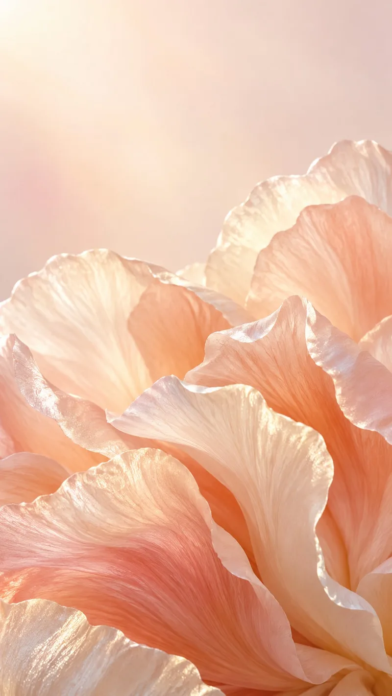 Peach and ivory petals overlap in soft morning light with pearly edges. — iOS 27