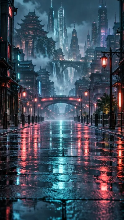 Coral neon and cool reflections in a city after the rain.