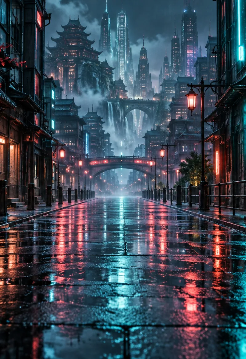 Coral neon and cool reflections in a city after the rain. — Cover Display