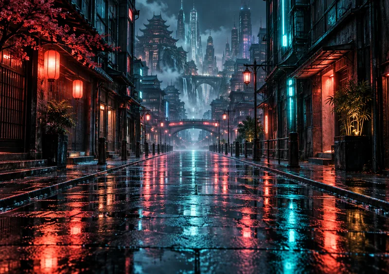 Coral neon and cool reflections in a city after the rain. — Inner Display